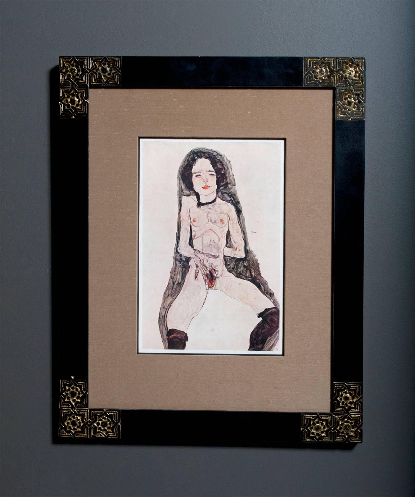 Masturbierende Frau, umgeben von schwarzem – Print von (after) Egon Schiele