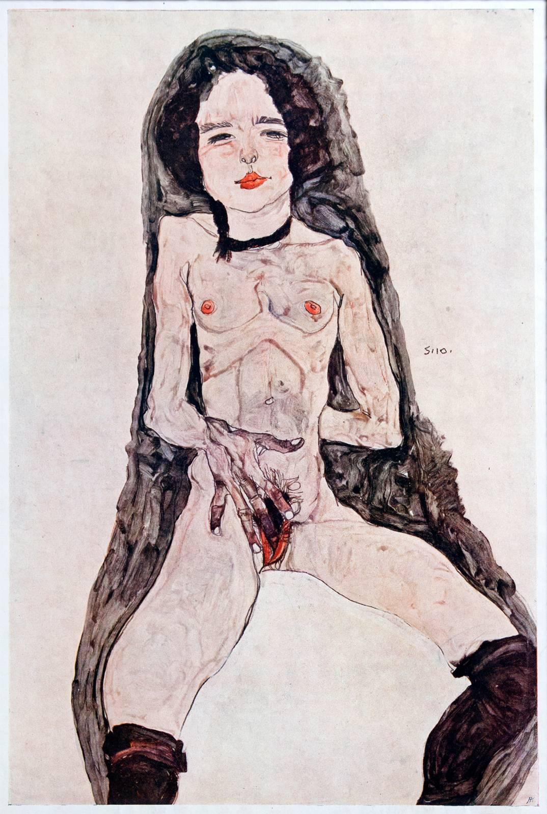 (after) Egon Schiele Figurative Print – Masturbierende Frau, umgeben von schwarzem