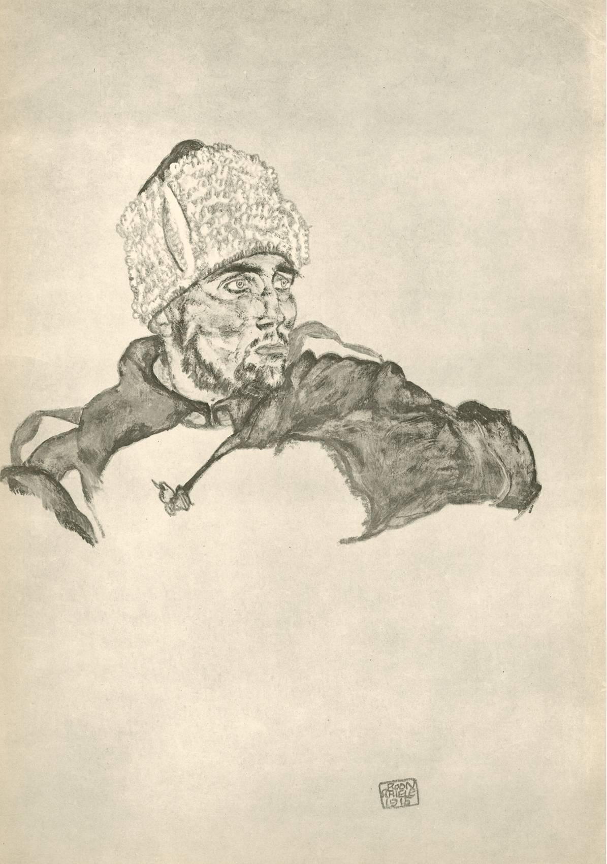 Egon Schiele and Max Jaffé Figurative Print - R. Layni, Zeichnungen folio, "Russian Soldier" Collotype plate VII