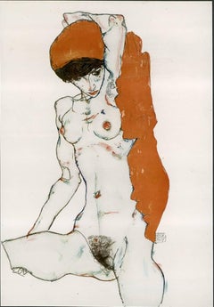 Antique E. Strache, Handzeichnungen, "Seated Female Nude w/Orange Drapery" Collotype