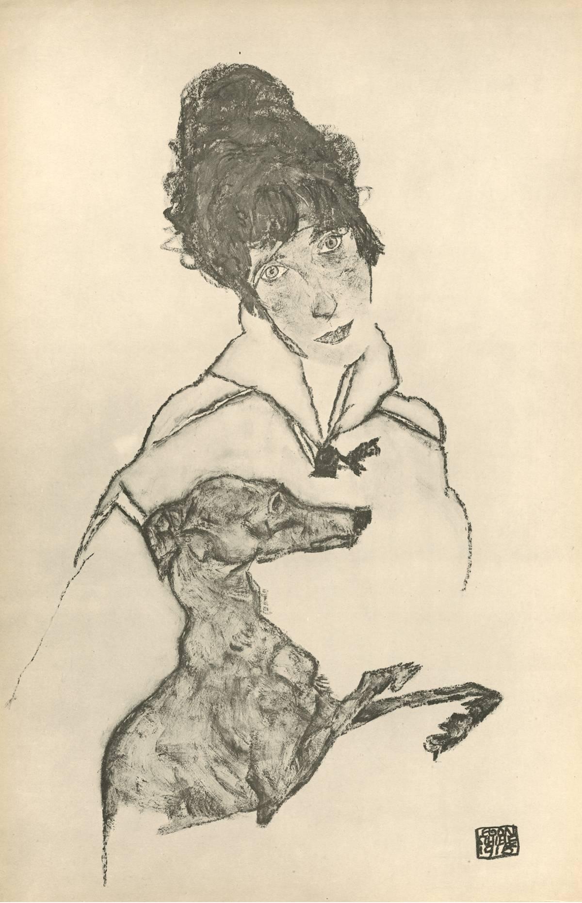 Egon Schiele and Max Jaffé Portrait Print - R. Layni, Zeichnungen folio, "Woman with Greyhound" Collotype plate III