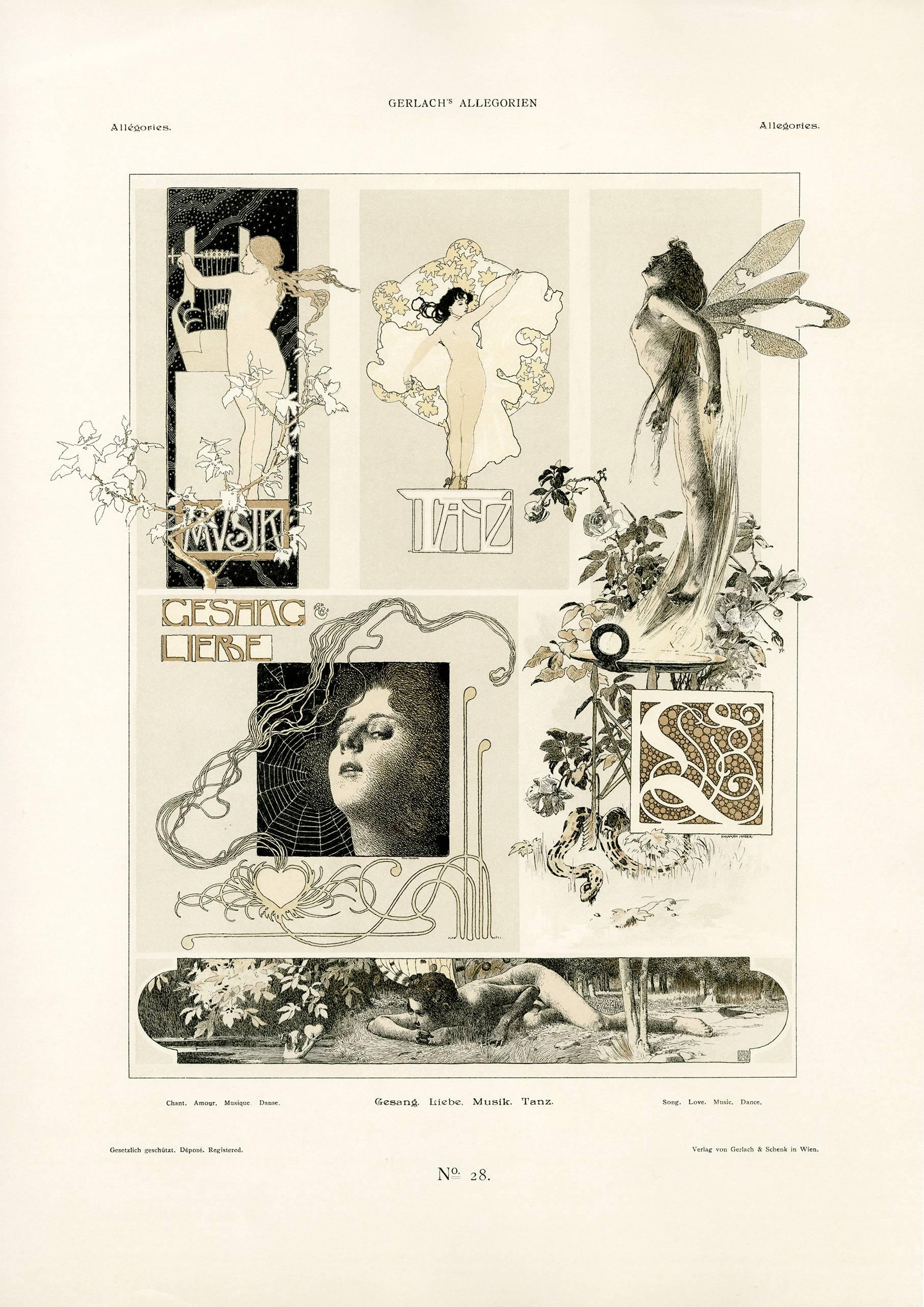 Figurative Print Koloman Moser - Assiette Allegorien de Gerlach n° 20 : Lithographie «ong, Love, Music, Dance »