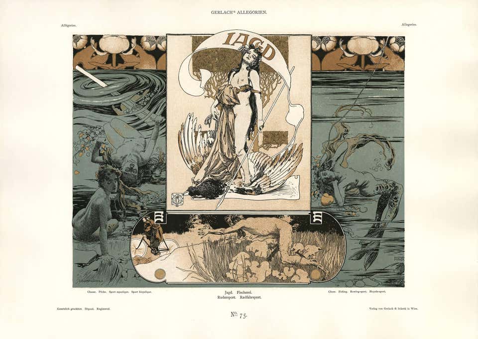 Gerlach's Allegorien Plate #75: "Hunting, Fishing, Rowing, Cycling"
