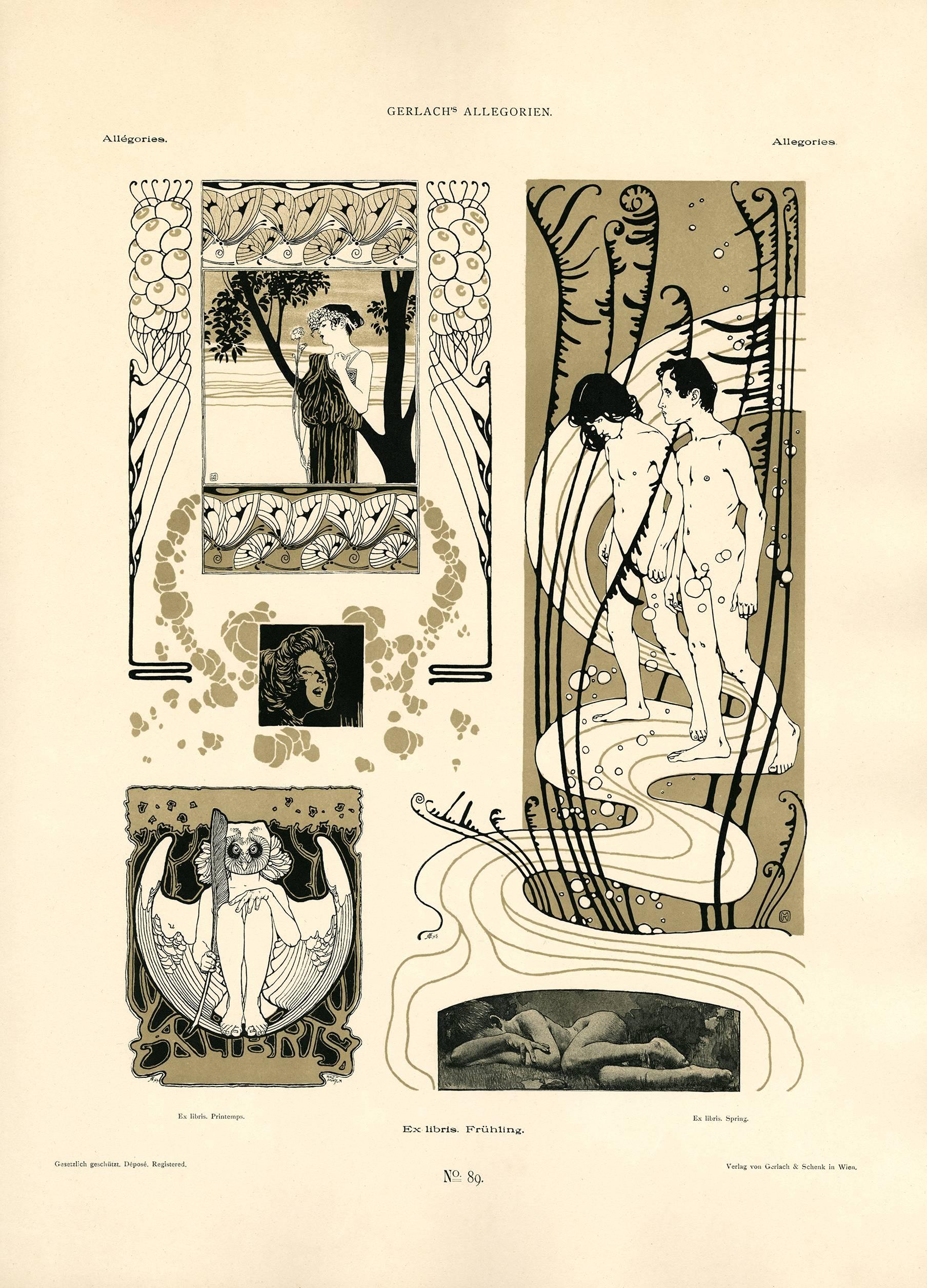 Figurative Print Koloman Moser - Assiette Allegorien n°89 : Lithographie « Bookplate Spring » de Gerlach