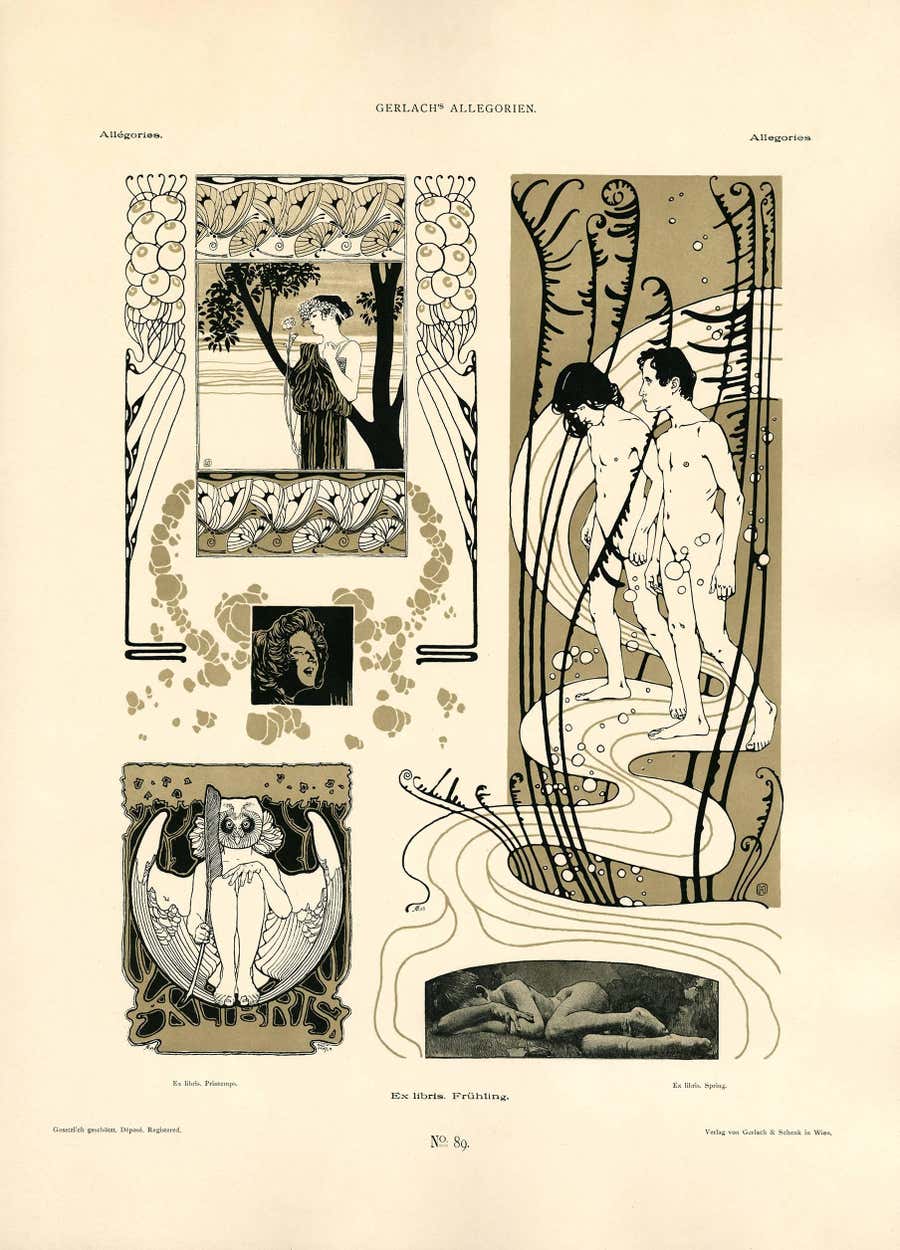 Gerlach's Allegorien Plate #89: "Bookplate Spring" Lithograph
