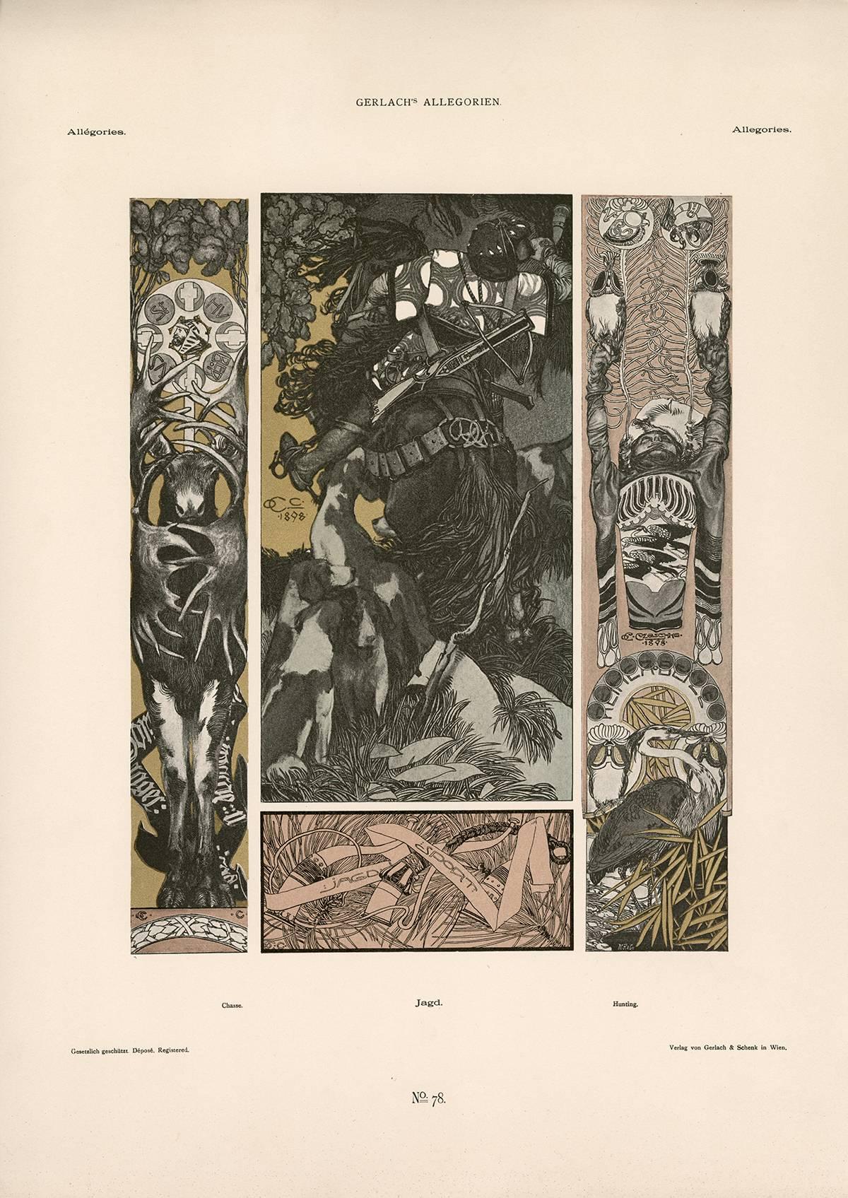 Gerlach's Allegorien Plate #78: "Hunting" Lithograph by Carl Otto Czeschka