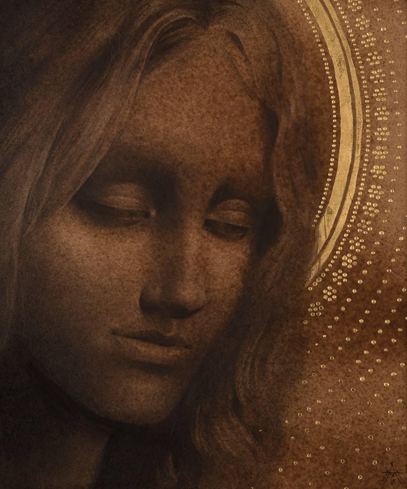 Alessandra Maria Portrait – "Rhea" Contemporary Drawing with Gold-Leaf