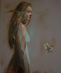 Peinture figurative abstraite - Jeune fille avec l'oiseau