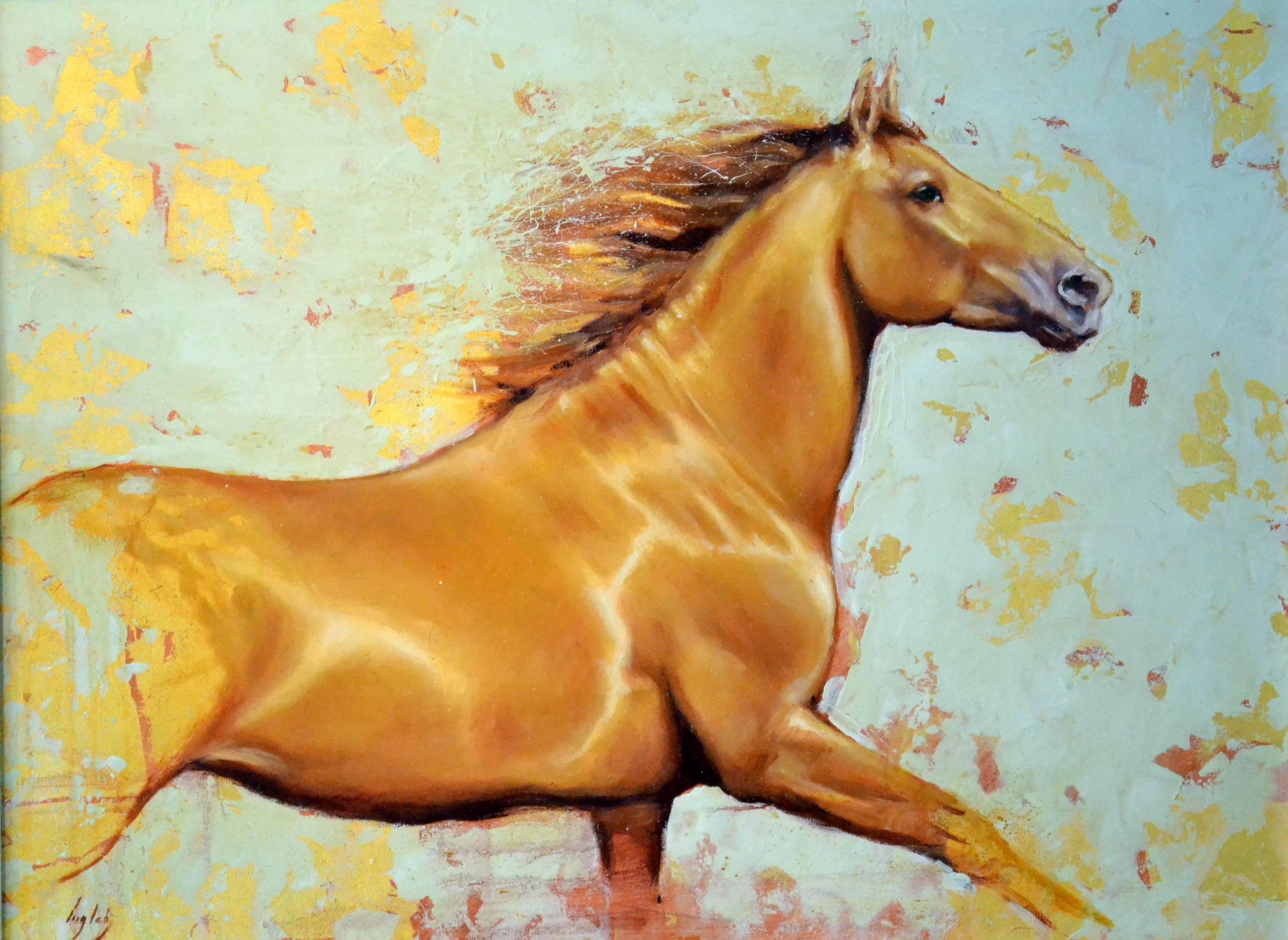 Catherine Ingleby Animal Painting - Golden Horse abstract oil painting