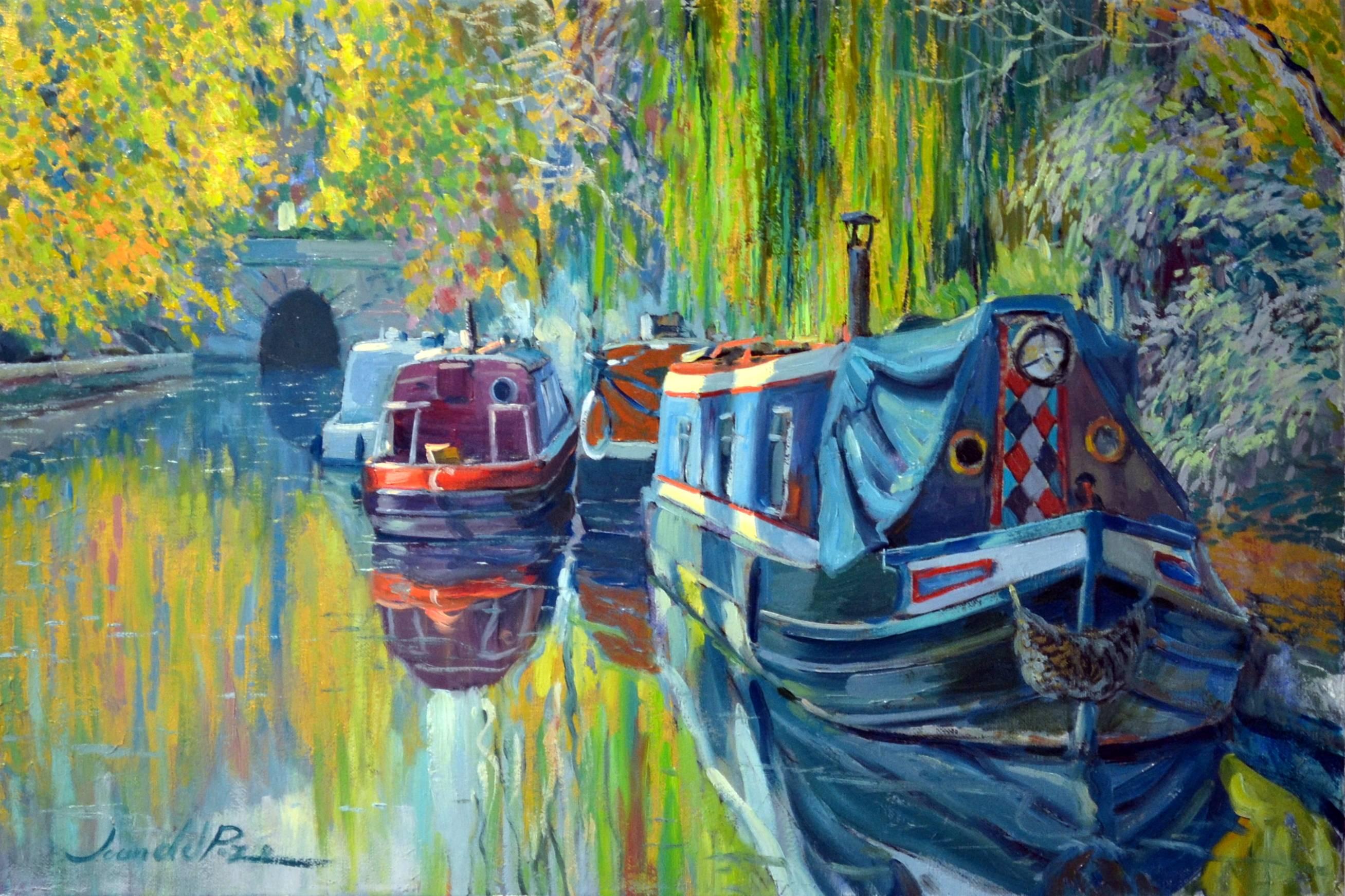 Juan del Pozo Landscape Painting - Boats on Regents Canal landscape oil painting
