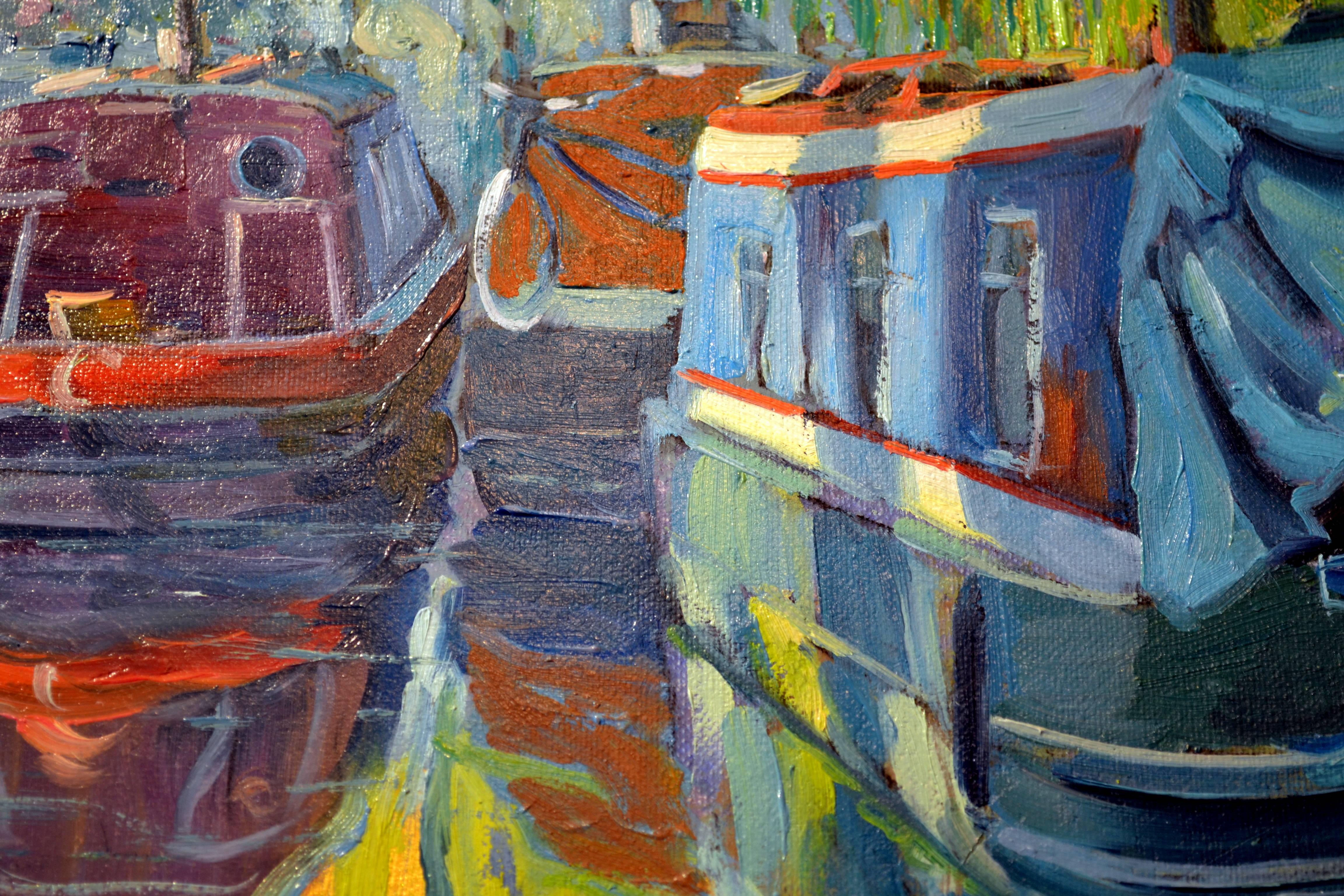 Boats on Regents Canal landscape oil painting - Painting by Juan del Pozo
