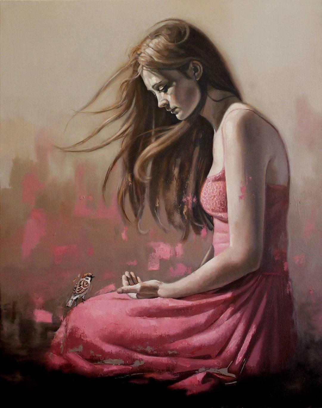 Al Saralis Figurative Painting - Girl with the Bird IV figurative oil painting
