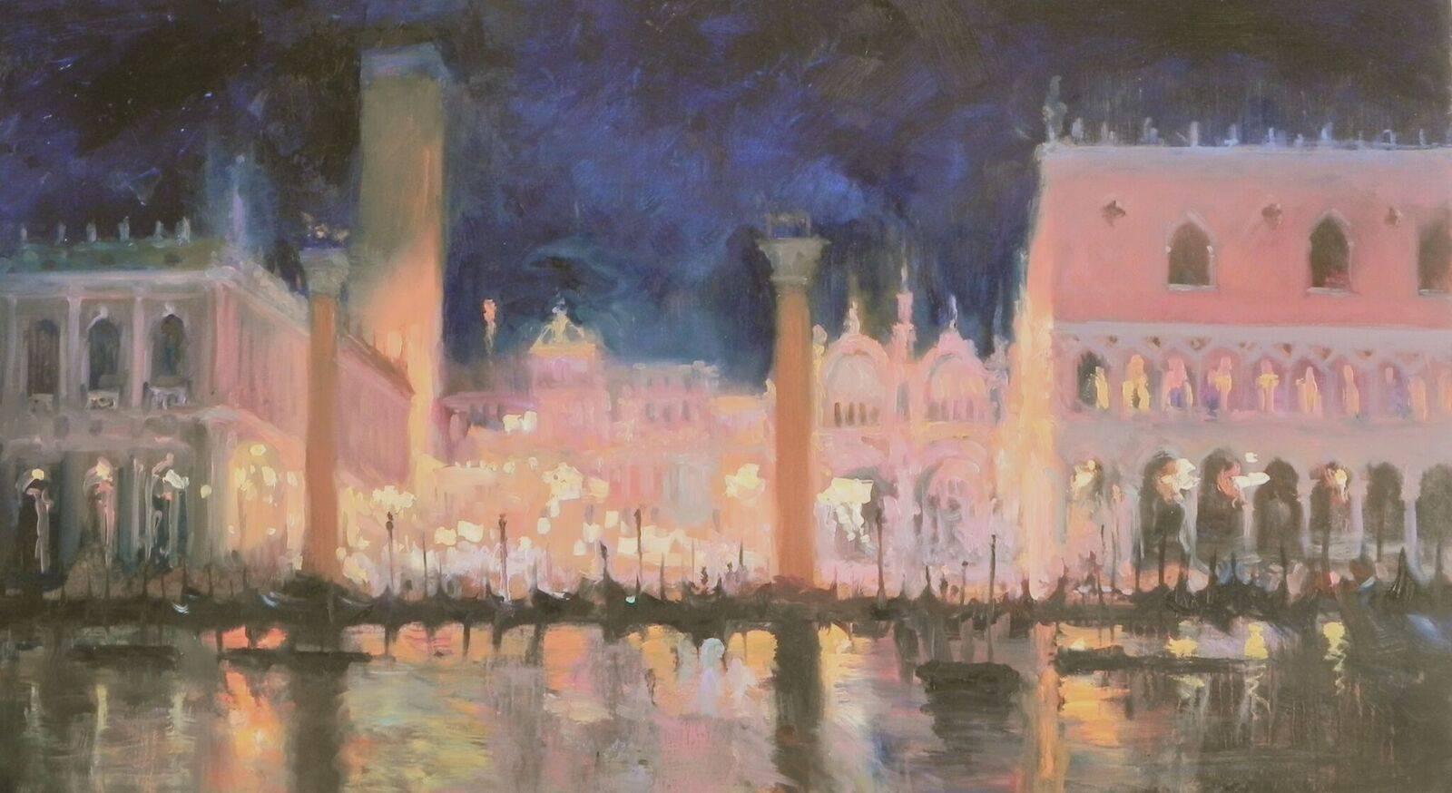 Michael Alford Landscape Painting - Piazza. San Marco, Venice , by Night abstract city landscape oil painting