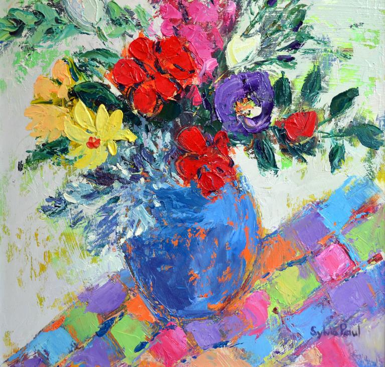 Sylvia Paul Flowers with Checked Cloth abstract still life oil