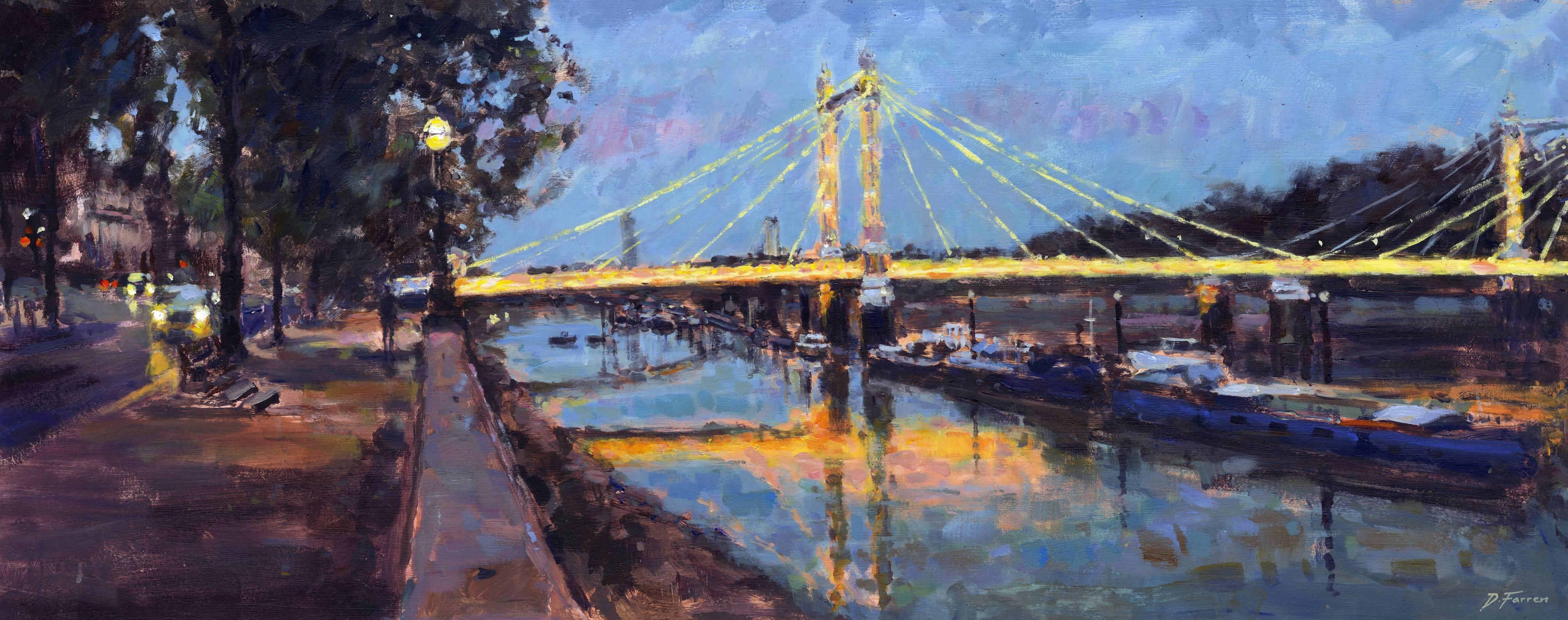 David Farren Landscape Painting - Nightfall , Albert Bridge Original Cityscape Painting 