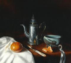 Realism Still Life painting with Clementine and Coffee Pot