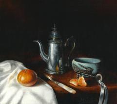 Realism Still Life painting with Clementine and Coffee Pot 