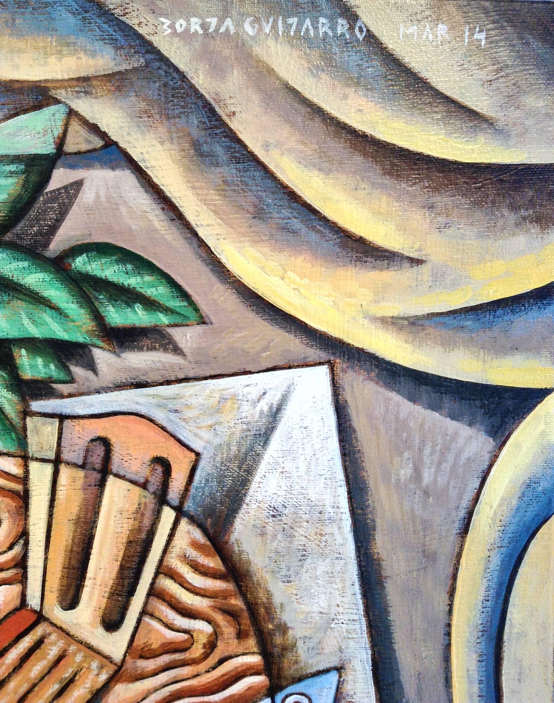 The Feast by Sea abstract landscape oil painting - Cubist Painting by Borja Guijarro