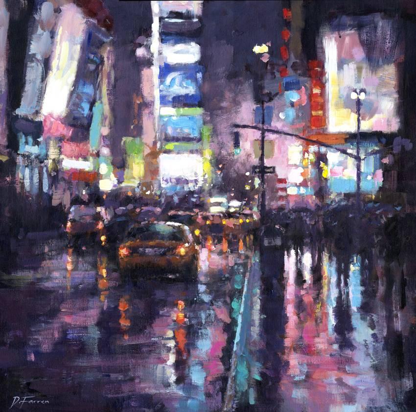 David Farren Abstract Painting - Night, Rain NYC  original cityscape painting