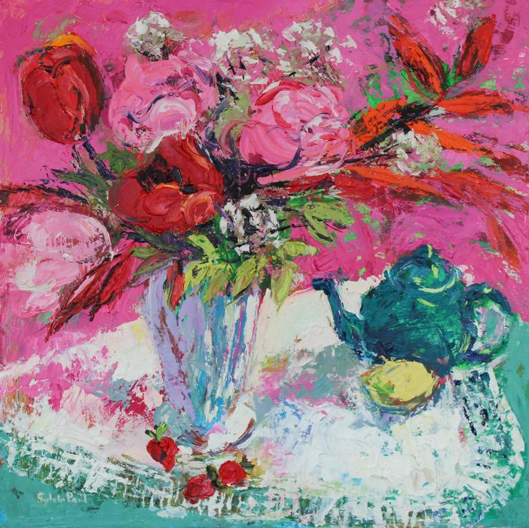 Sylvia Paul Tulips and Tea abstract still life painting For Sale at