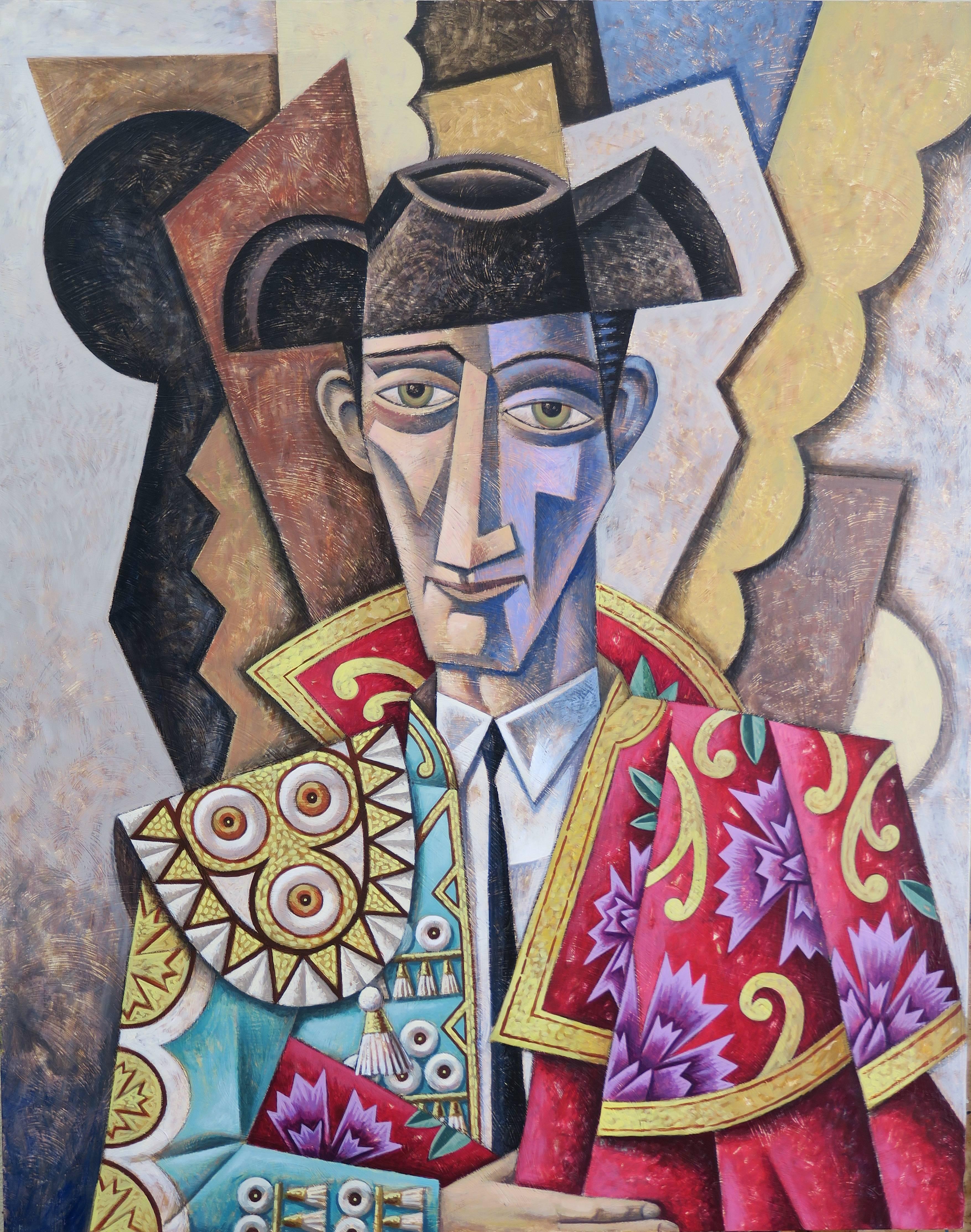 Borja Guijarro Abstract Painting - Man in a turquoise coat original cubism painting