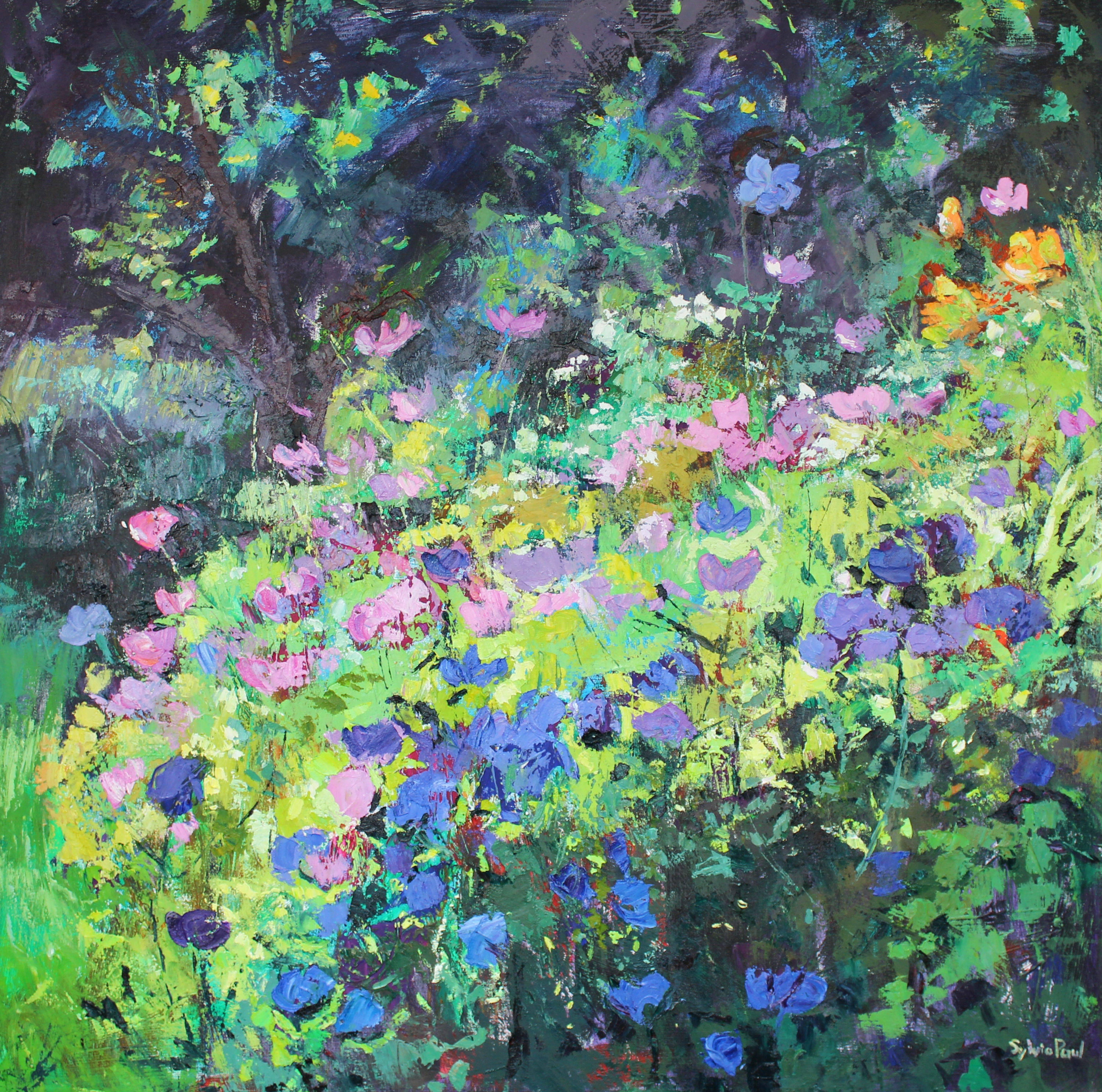 Play of light in the garden original Landscape painting - Painting by Sylvia Paul
