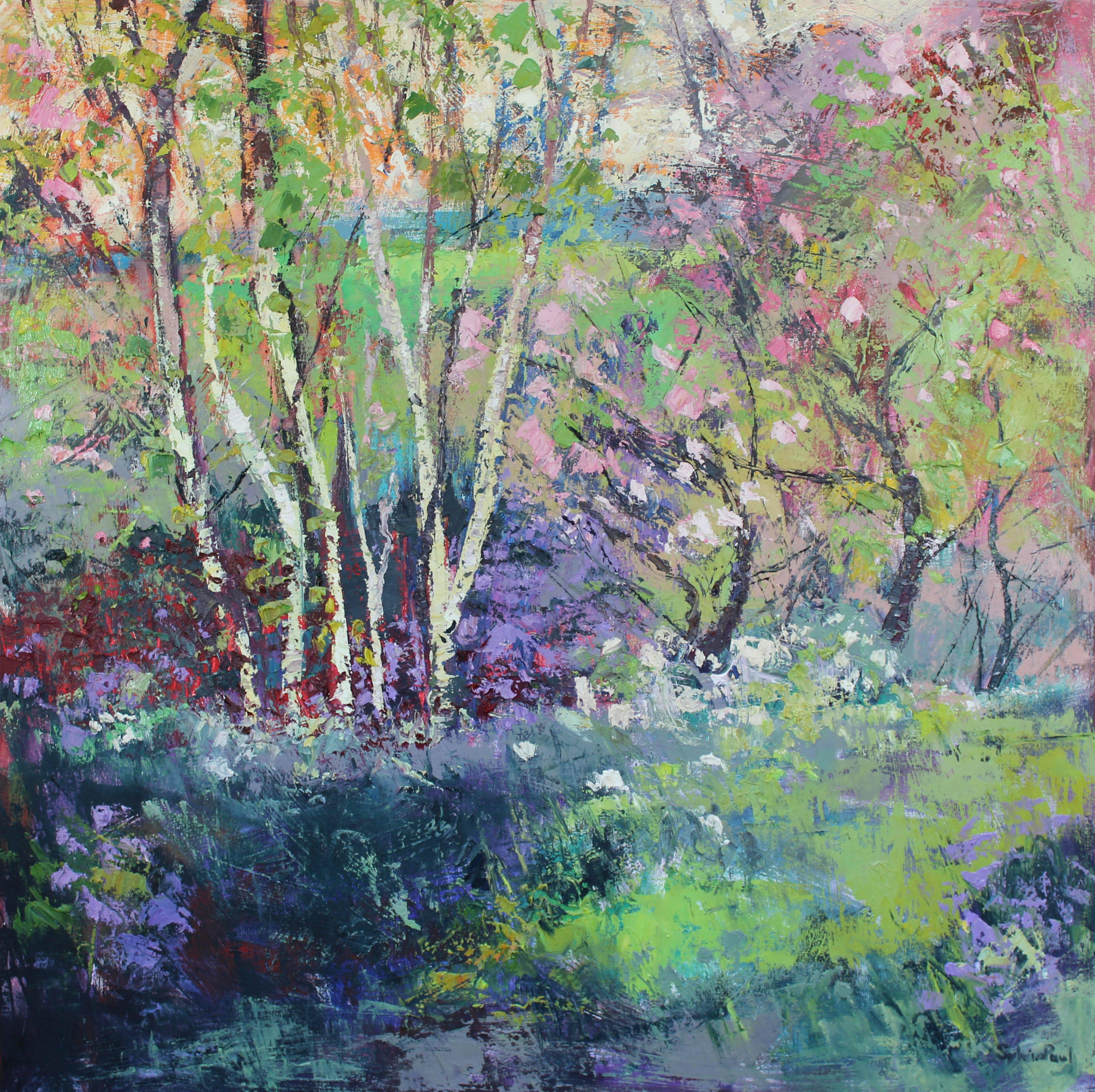 Sylvia Paul Landscape Painting - Spring light in the forest original abstract landscape painting