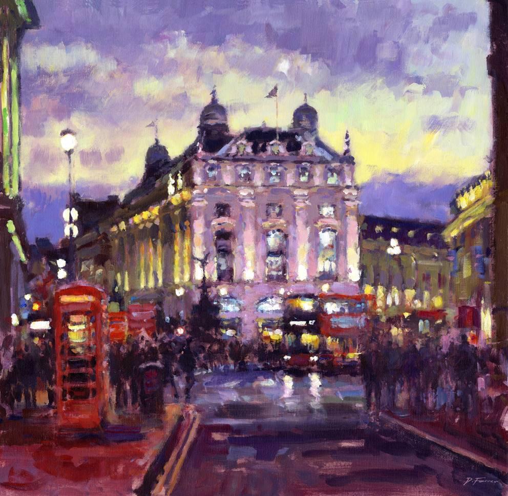 David Farren Abstract Painting - Dusk Piccadilly Circus original City Landscape painting 
