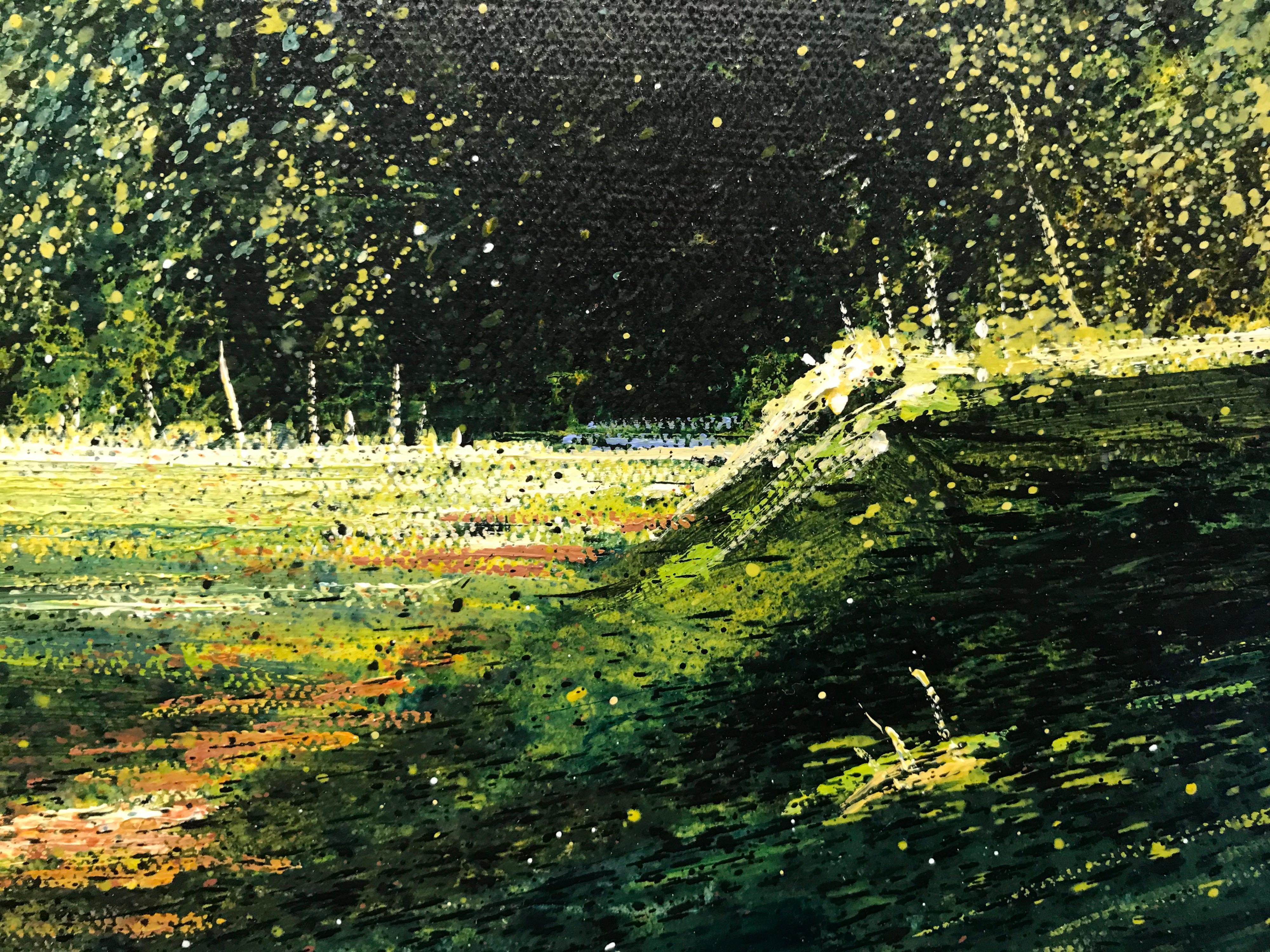 The original painting by Rory J Browne is framed , stringed and ready to be displayed. Through a wide array of varying green tones the artist has effectively depicted the shady areas that hugely contrast the areas of which light has shone through