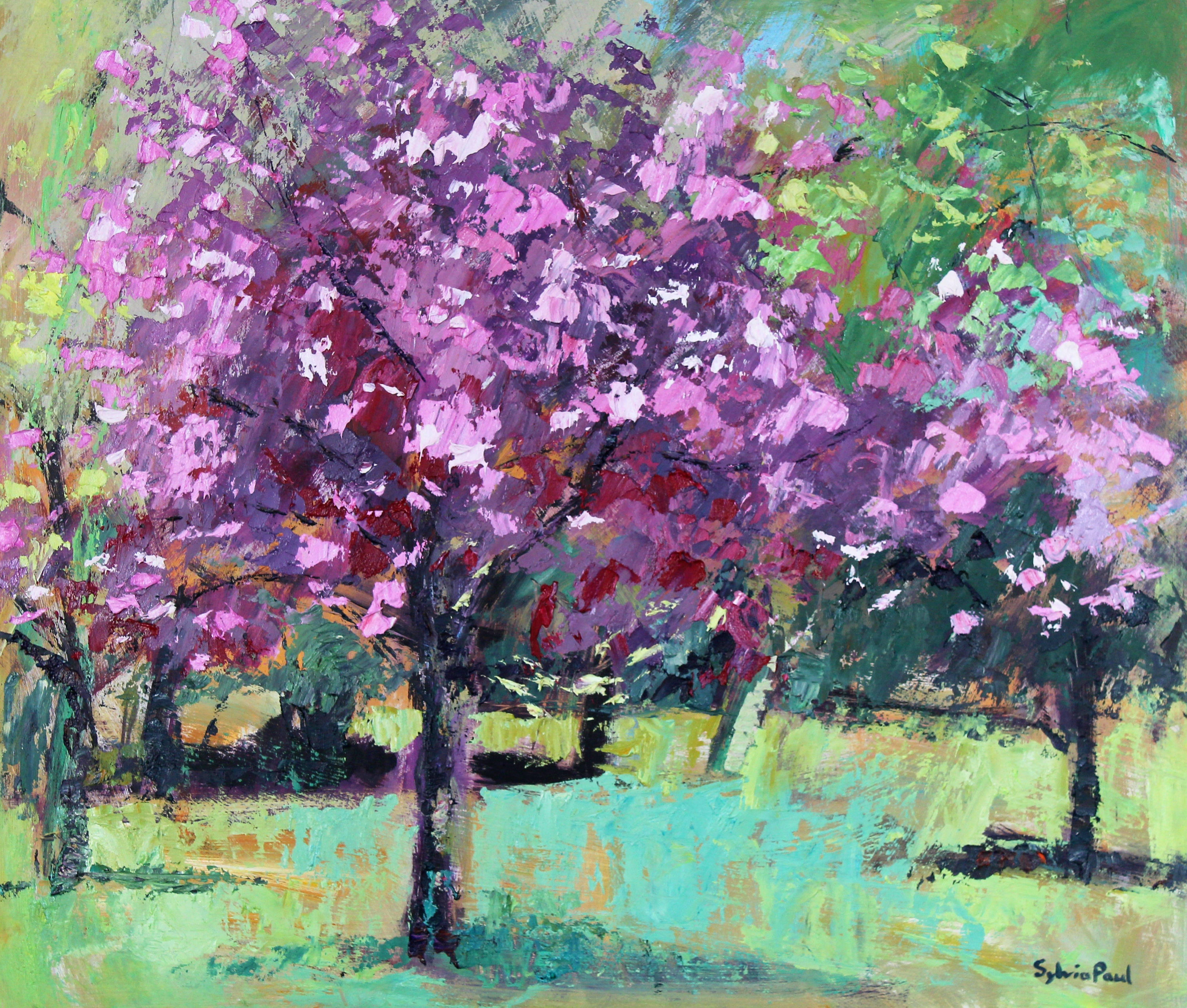 Sylvia Paul Landscape Painting - Blossom in the Park abstract Landscape painting 