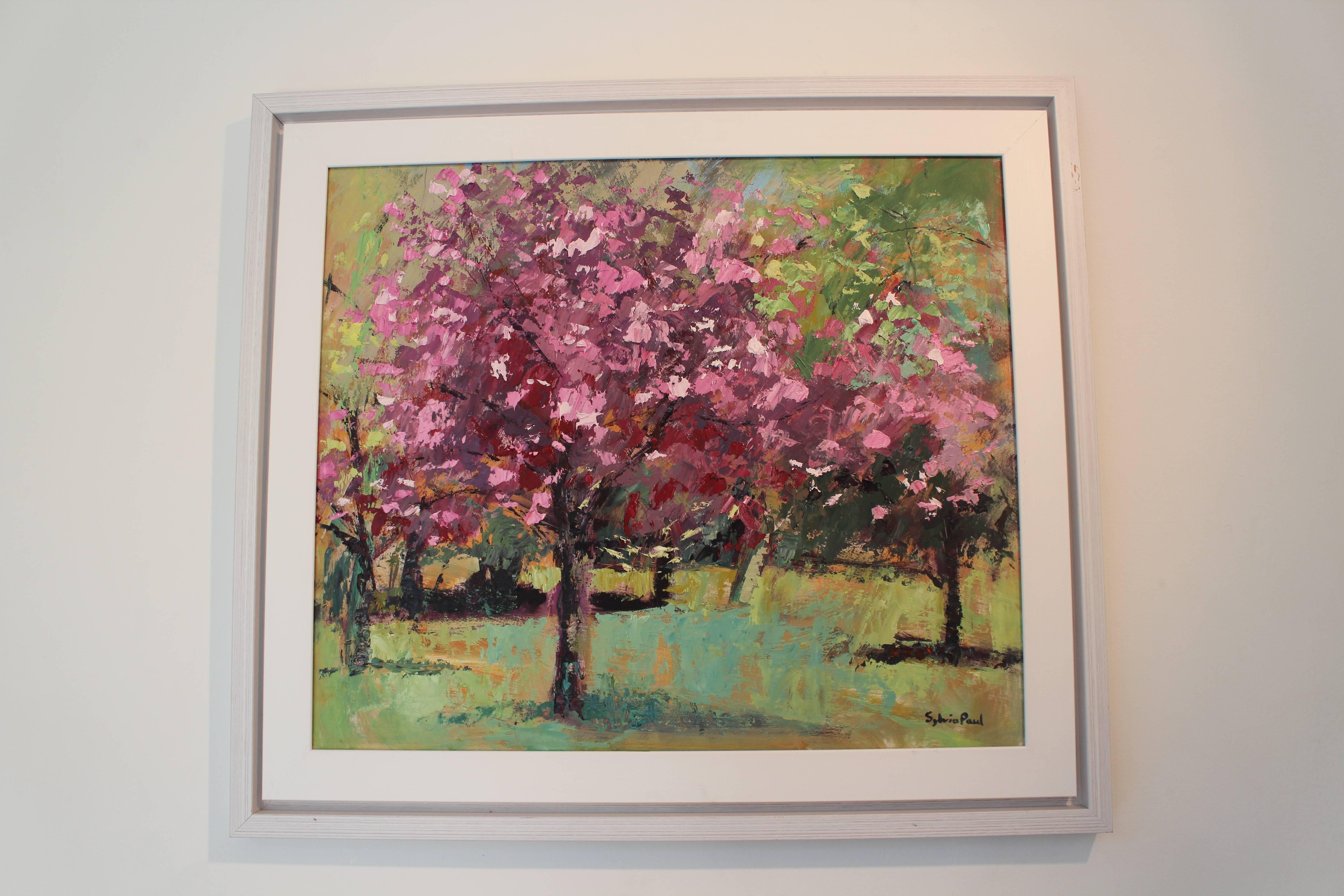 Blossom in the Park abstract Landscape painting  - Painting by Sylvia Paul