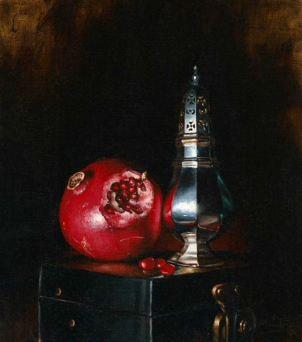 Matt Curtis Abstract Painting - Pomegranite and Sugar Sifter still life oil painting