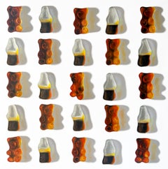 « Cola Bears and Cola », nature morte réaliste originale peinte sur toile, 100 x 100 cm