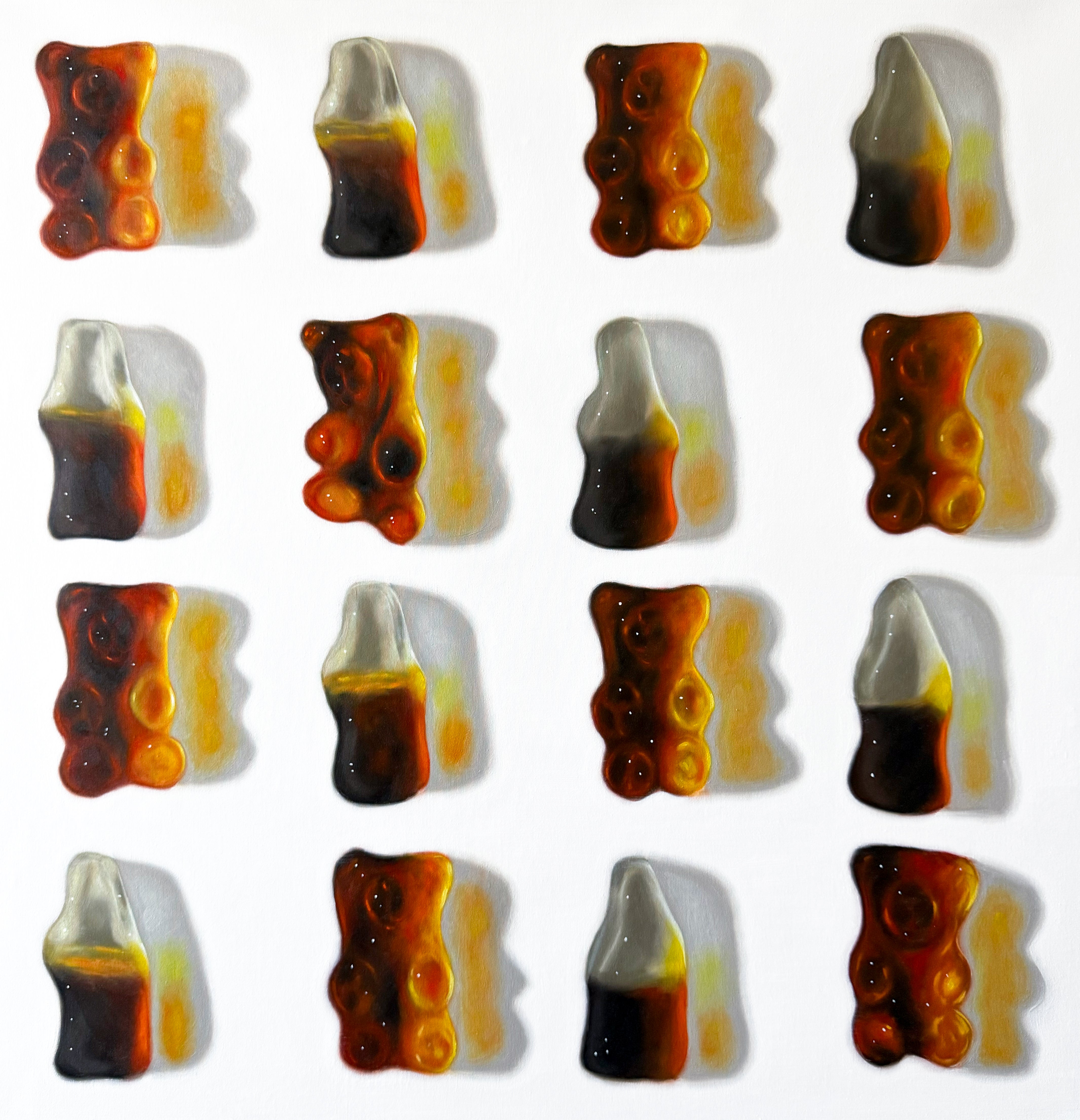 « Cola Bears » et du cola, nature morte à l'huile sur toile de lin, hyperréalisme, 80 cm