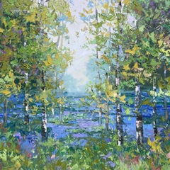 Pintura abstracta de paisaje «Jay Blue Forest», óleo sobre lienzo, firmada, 80 x 80 cm