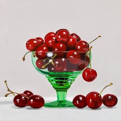 Cerezas «En un plato»: Cuadro original de realismo contemporáneo, naturaleza muerta, 40 x 40 cm