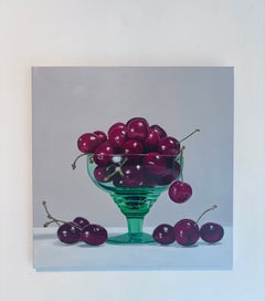 Cerezas «En un plato»: Cuadro original de realismo contemporáneo, naturaleza muerta, 40 x 40 cm