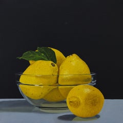 "Ciotola di limoni": dipinto originale in stile realismo contemporaneo, natura morta, 40x40 cm