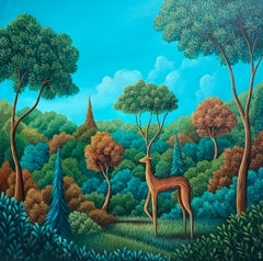 A Stroll Through the Forest, Original surrealism wildlife painting-Realism