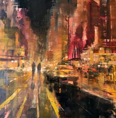 Nueva York, Noche en el centro II, pintura al óleo original, paisaje urbano abstracto - Obra de arte