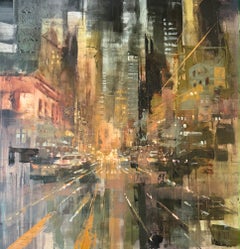 Nueva York, noche en el centro, pintura al óleo original, paisaje urbano abstracto - Obra de arte