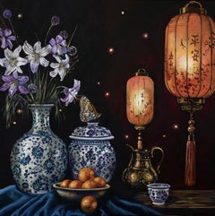 Luciérnagas: pintura de naturaleza muerta, óleo sobre lienzo, arte realista contemporáneo