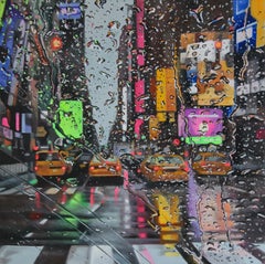 Lluvias de neón de primavera - Pintura de paisaje urbano, óleo sobre lienzo, realismo contemporáneo