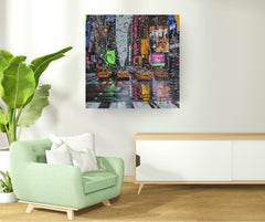 Lluvias de neón de primavera - Pintura de paisaje urbano, óleo sobre lienzo, realismo contemporáneo