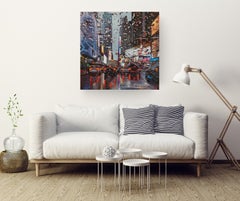 Reflejos en armonía - Pintura de paisaje urbano, óleo sobre lienzo, realismo contemporáneo