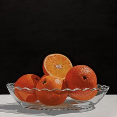 «Luz del sol sobre naranjas» - Naturaleza muerta original al óleo sobre lienzo, 40 x 40 cm