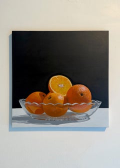 «Luz del sol sobre naranjas» - Naturaleza muerta original al óleo sobre lienzo, 40 x 40 cm