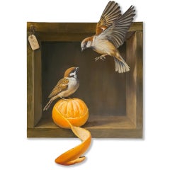 Sparrows and Mandarine - original contemporary realism oil painting on wood