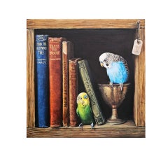 Budgies - original contemporary realism oil painting on wood