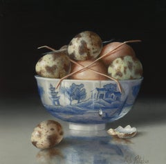 Hen & Quail Eggs in Bowl- original still life oil painting-contemporary art